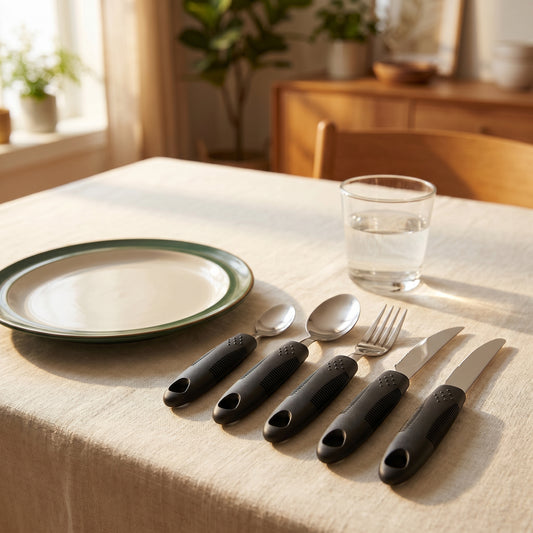 Everhold five-piece weighted cutlery set beside a place setting