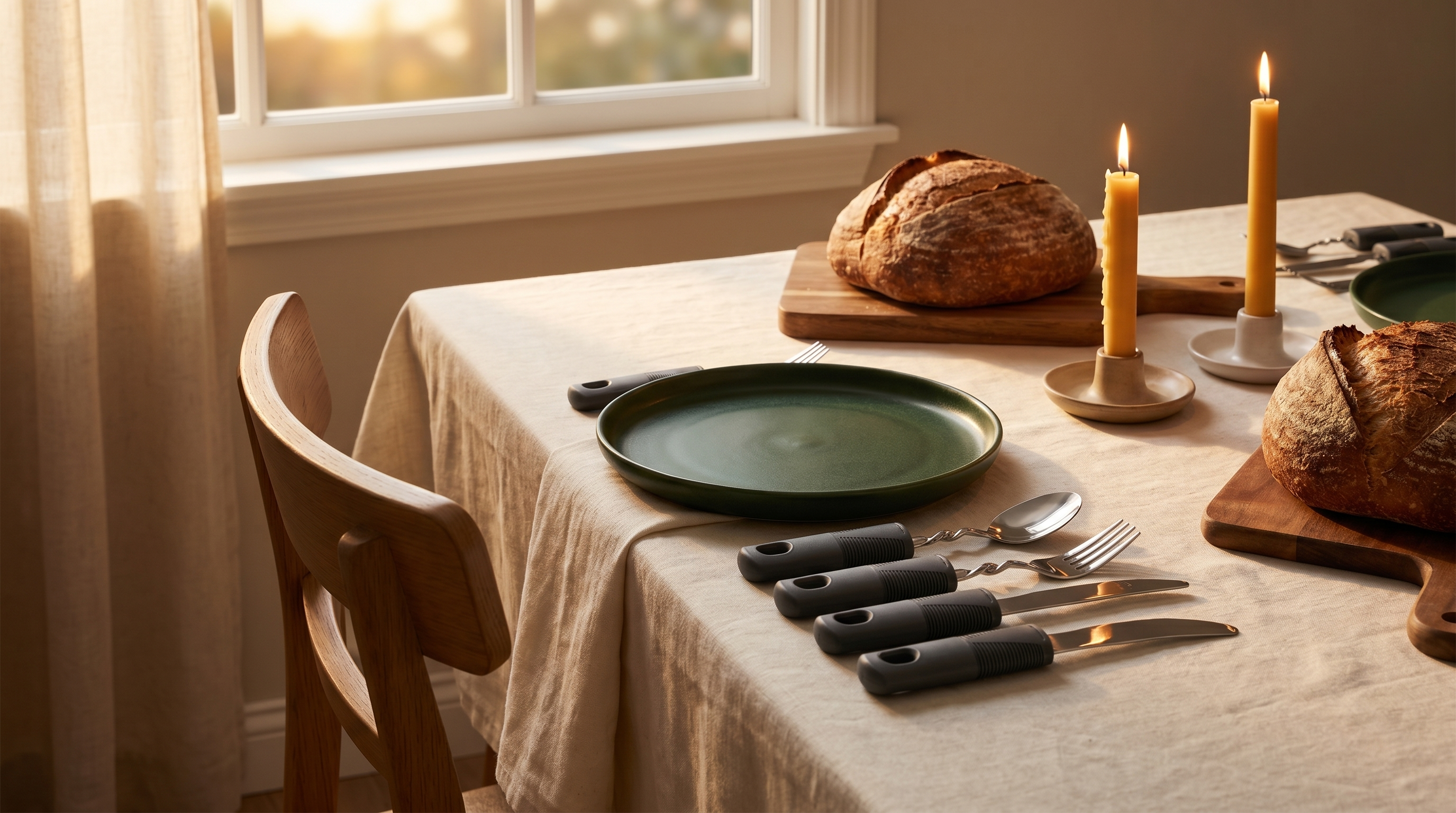 A dinner table with one chair pulled out and an Everhold place setting waiting
