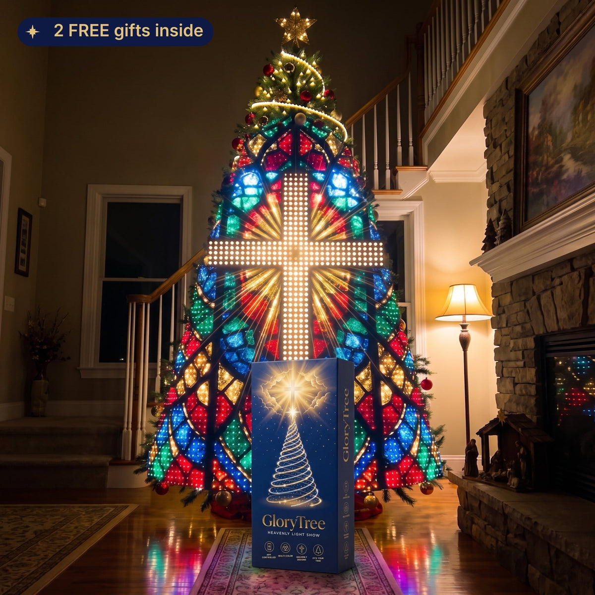 GloryTree lighting a Christmas tree with a glowing stained-glass cross, gift box in front