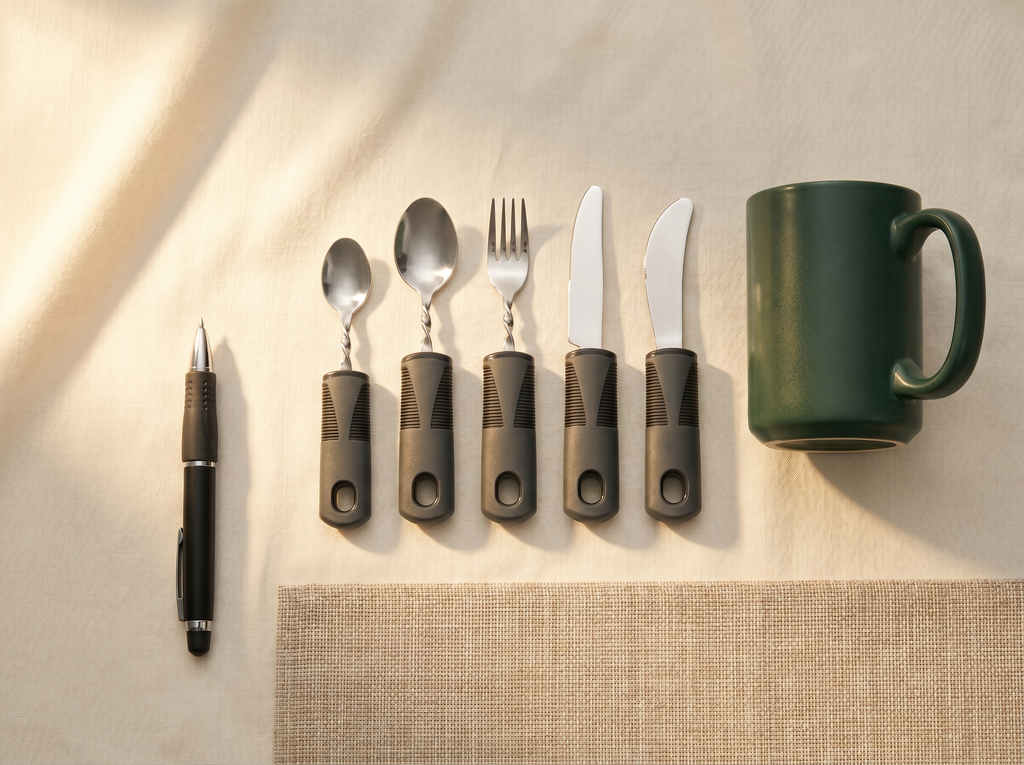 The Complete Dining Set — weighted cutlery, steady cup, non-slip mat and weighted pen