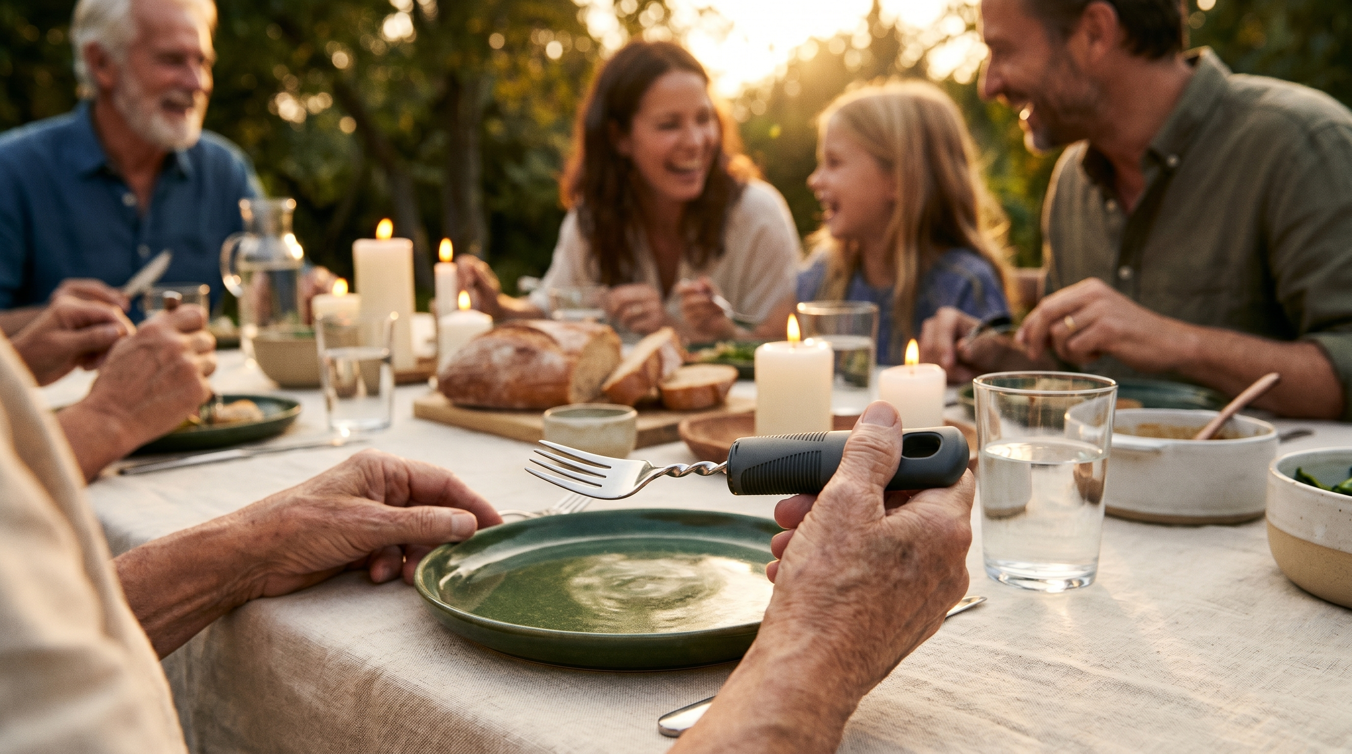 The Complete Dining Set in use at a warm family dinner