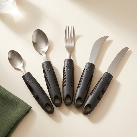 Everhold five-piece weighted cutlery set with black textured handles